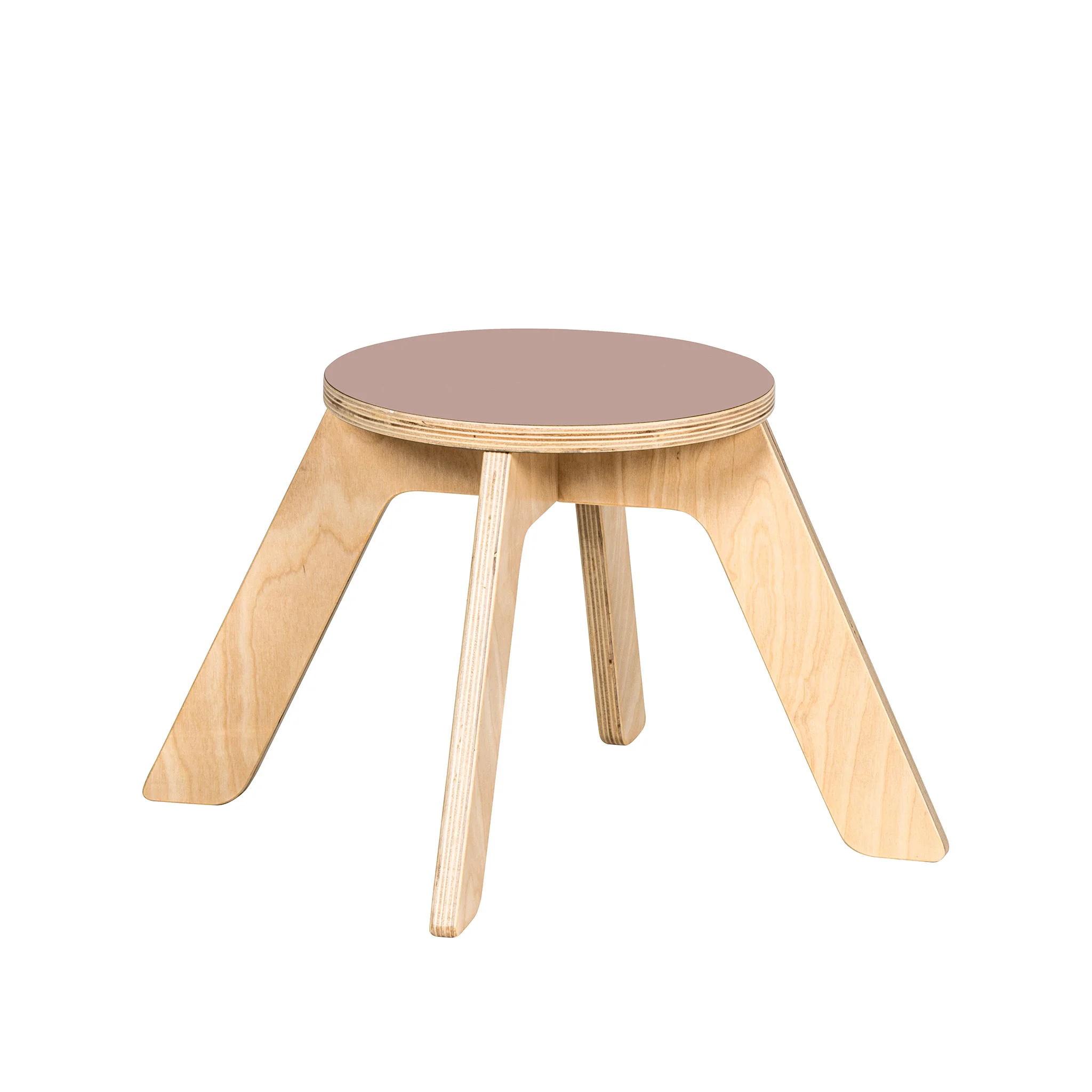 Hocker, Holz, runder Top, drei Beine, Mehrschichtplattenlage