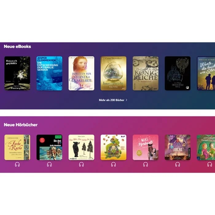 eBooks, Hörbücher, Bücherregal, Tablet-Symbole, Verschiedene Titel