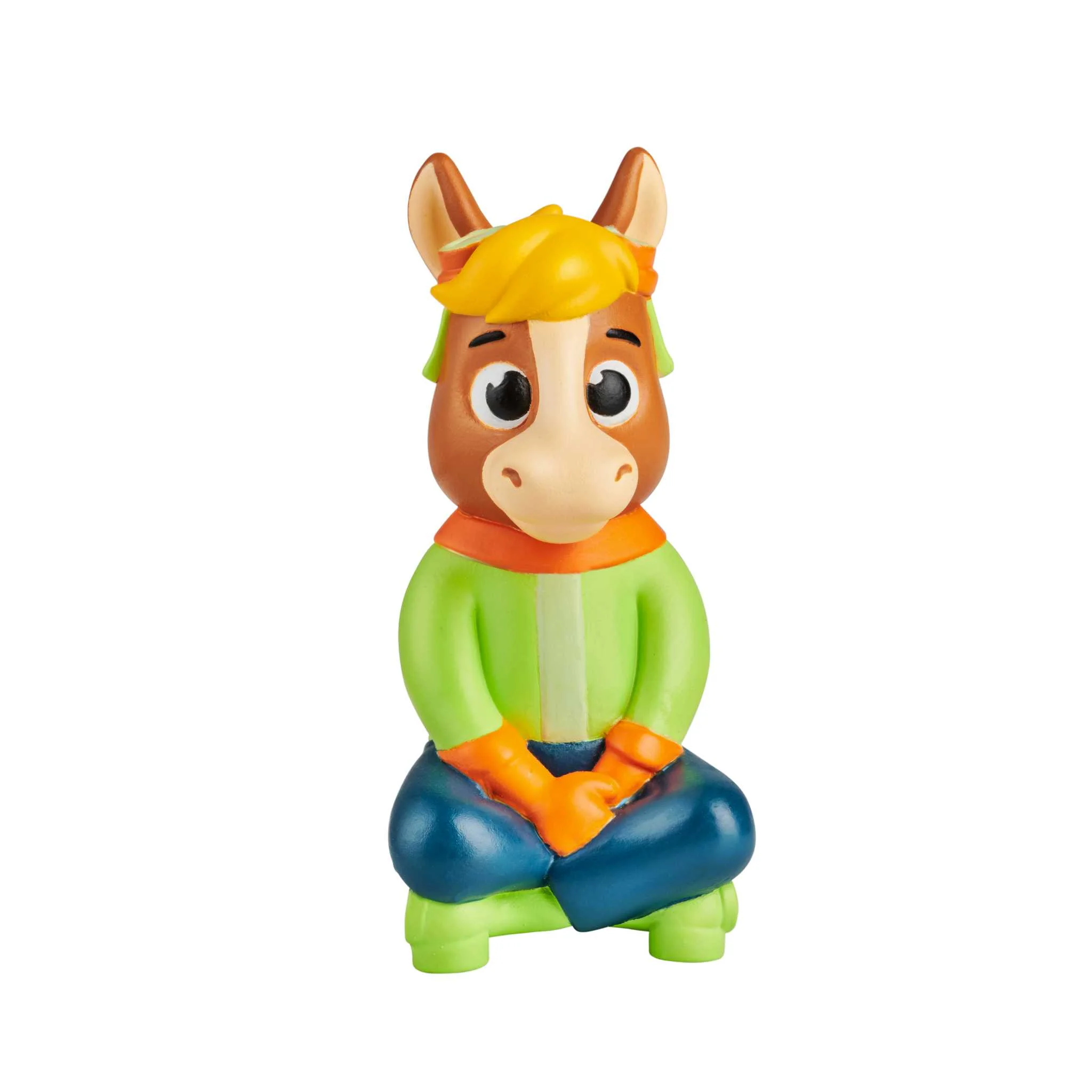 figurine, pferd, kinderspielzeug, grüner sweater, orange handschuhe