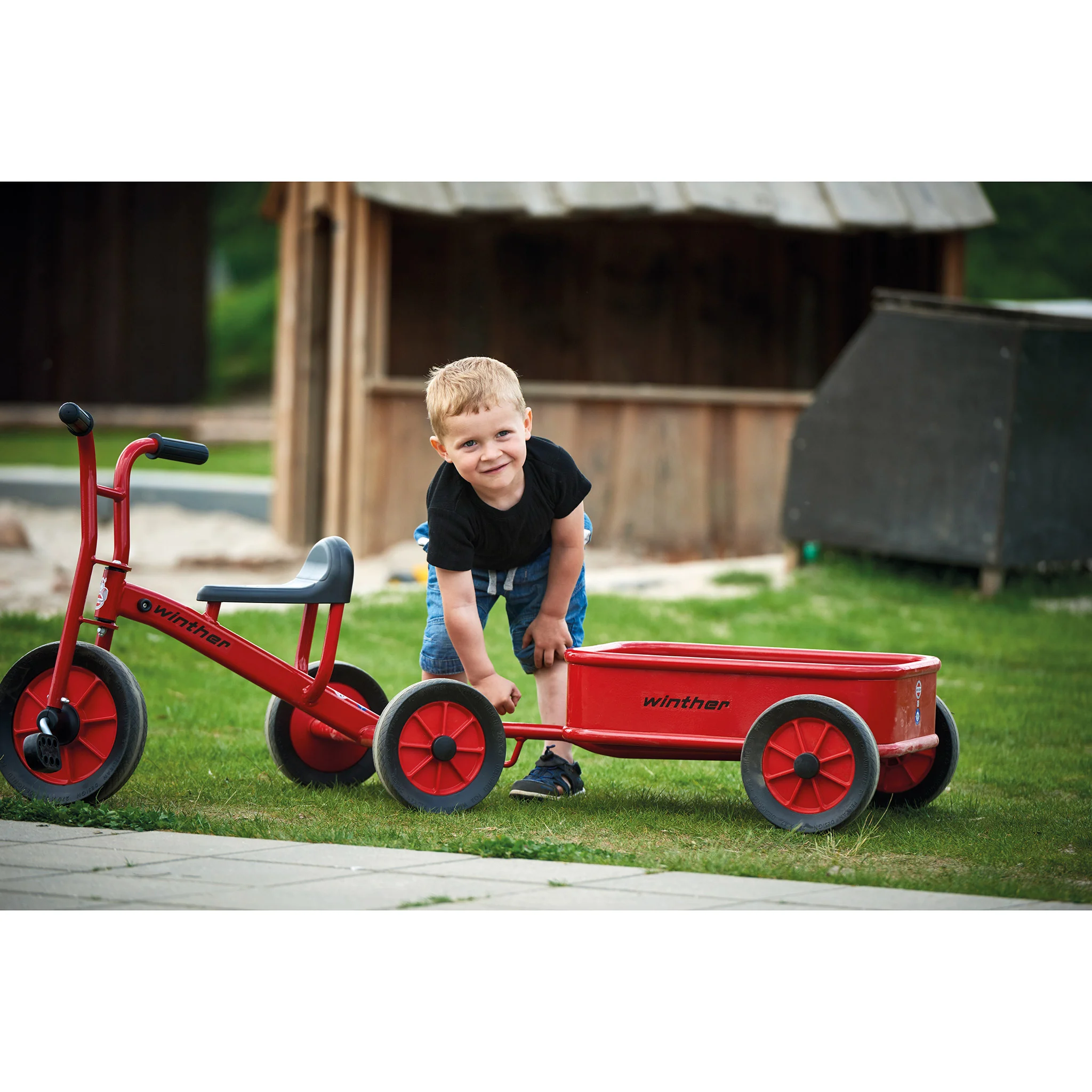 Kinderbike, rote Schubkarre, rote Dreirad-Wagen, Spielzeuganhänger, Outdoor-Spielzeug