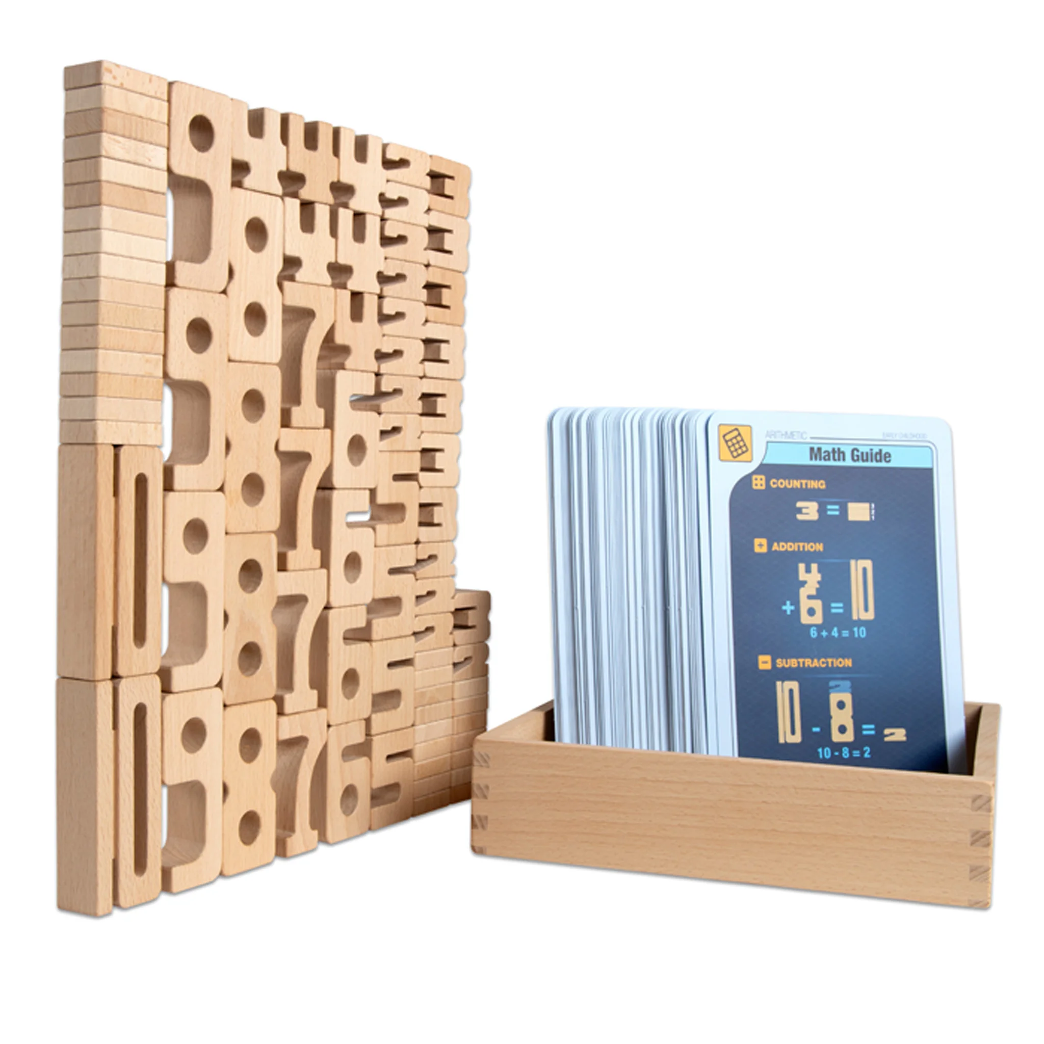 Holzpuzzle, Mathespiel, Bausteine, Lernkarten, Kartenständer