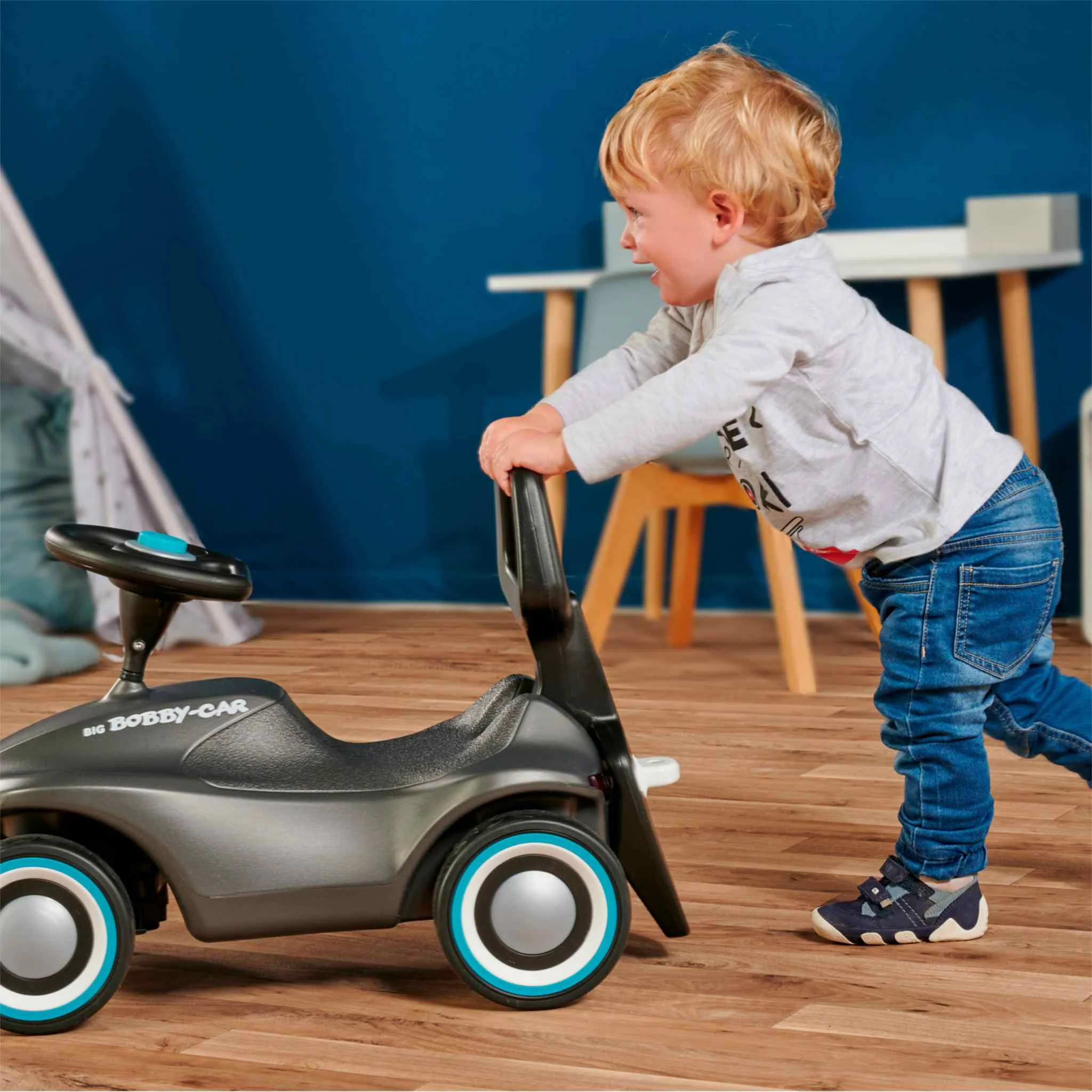 Kinderfahrzeug, Laufrad, Ride-on toy, Holzboden, Blau, Grau