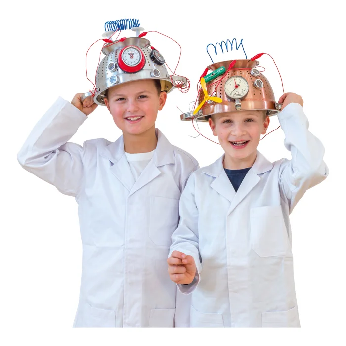 kinder, laborjacken, testhelme, wissenschaftskostüm, drahtkabel
