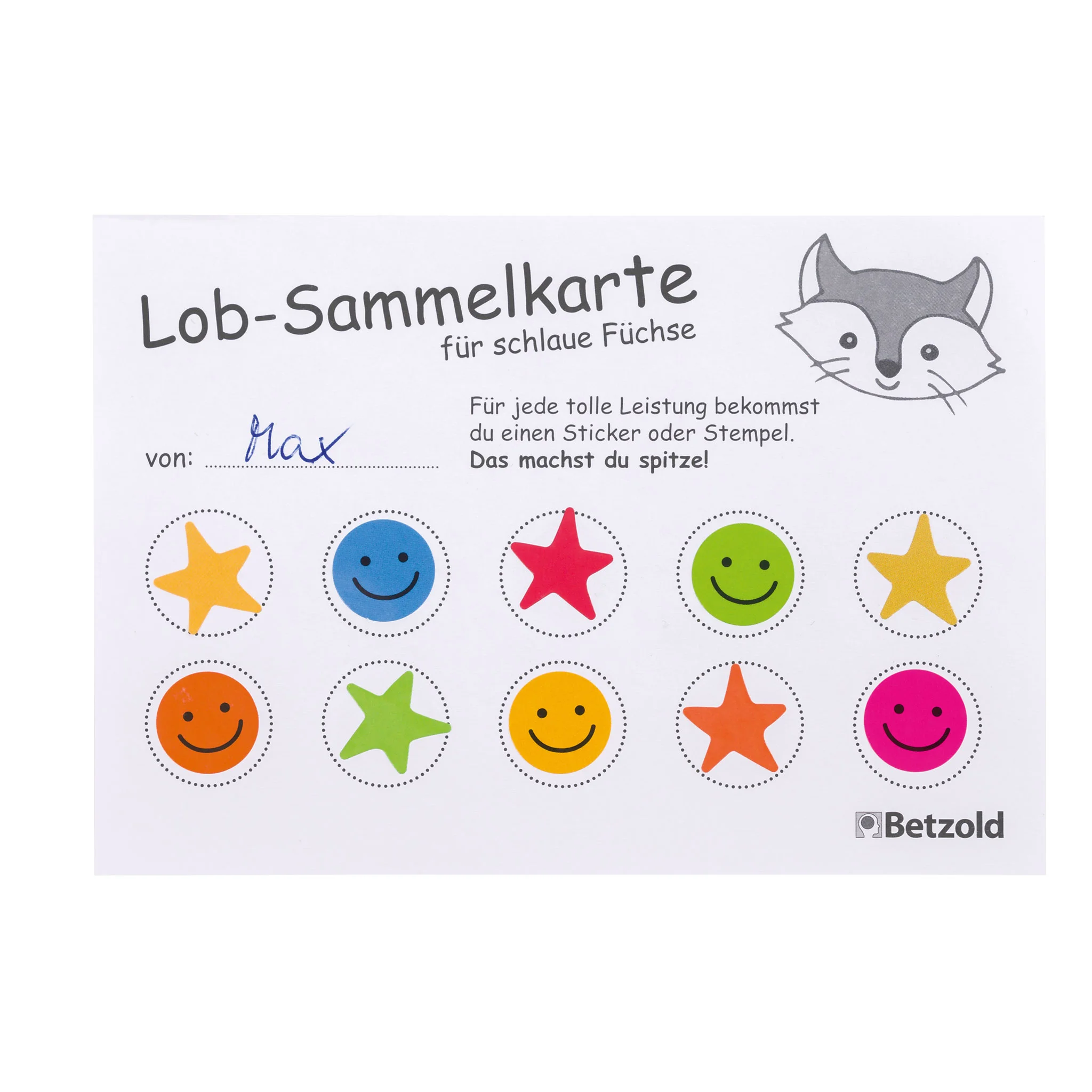 Lob-Sammelkarte, Sticker, Sammelkarten, Fuchs-Gesicht, Betzold