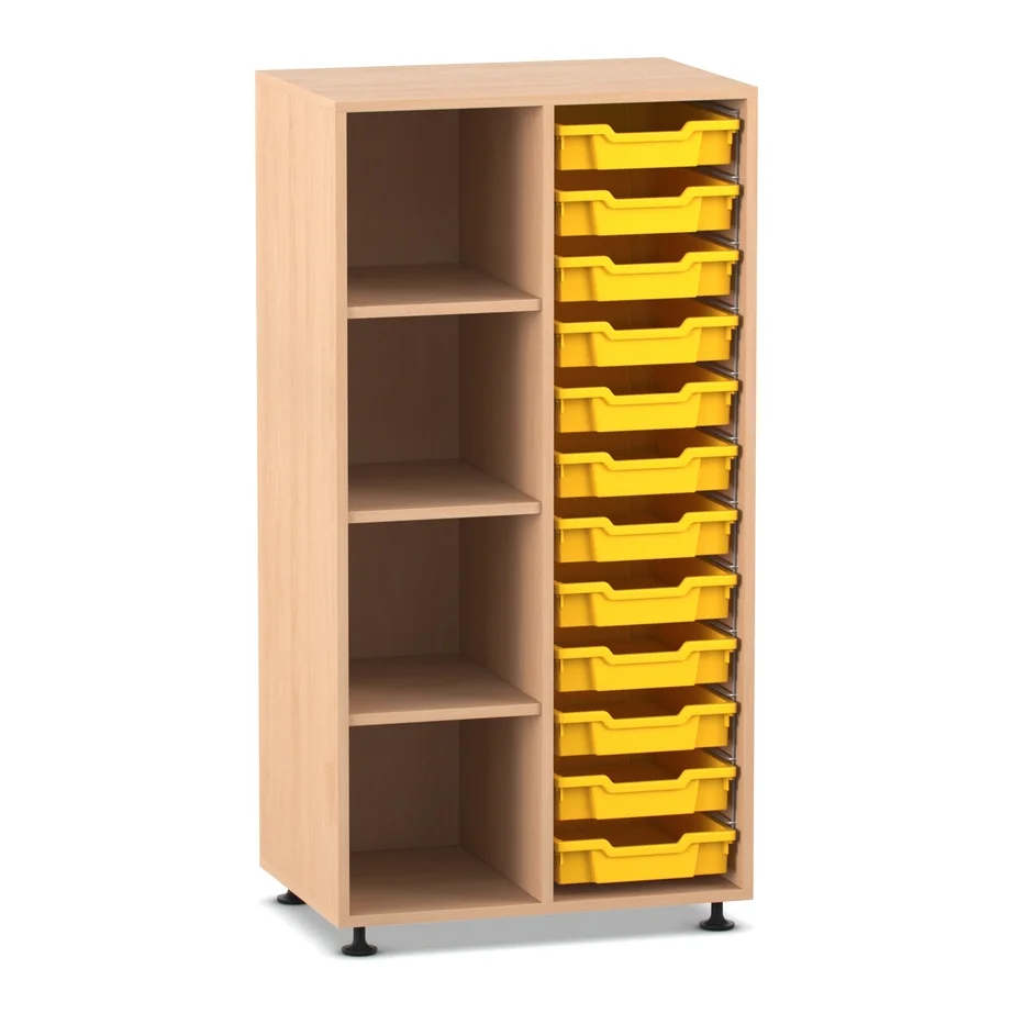 Mittelhohes Regal, 143,9 x 73,1 x 48, mit 12 Boxen und 3 Böden, Buche hell
