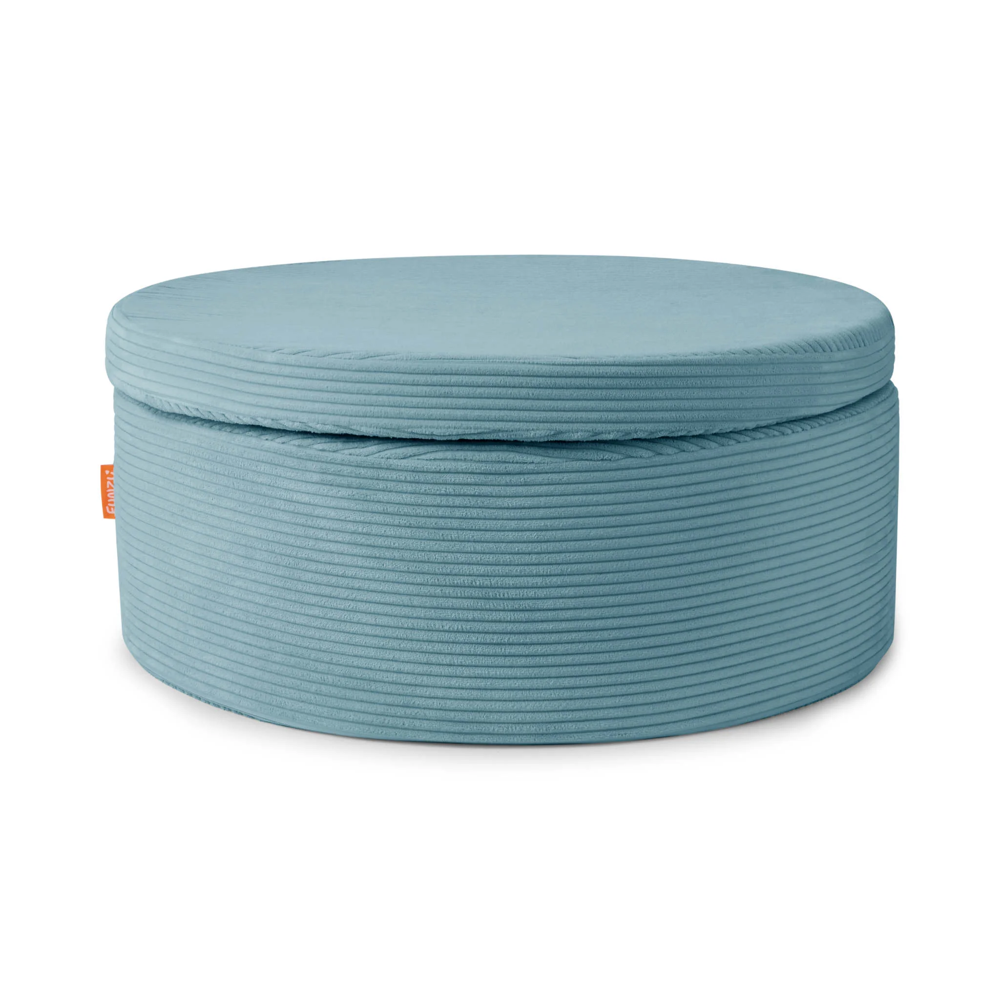runder pouf, blau, weicher stoff, texturiert, tragbar speicher