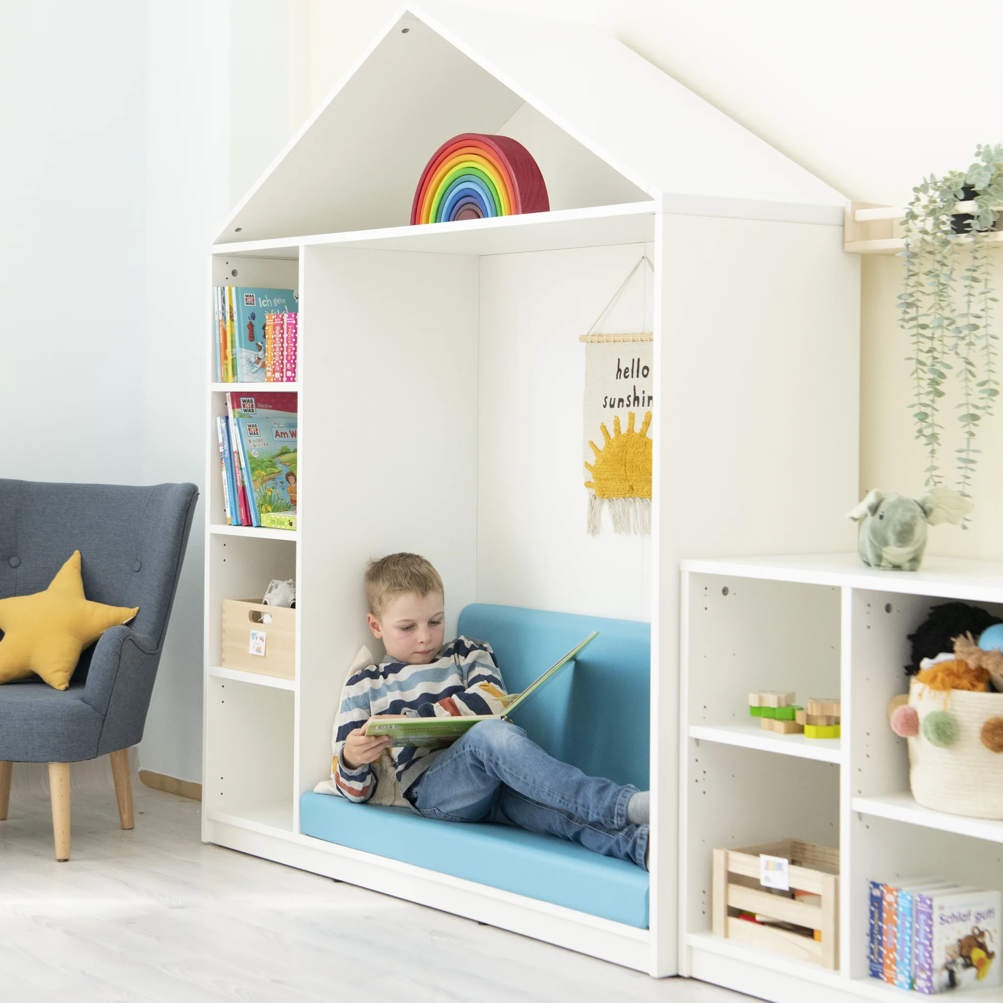 Kinderleseecke, Kinderzimmer Möbel, Bücherregal, Spielhaus, Sitzbank