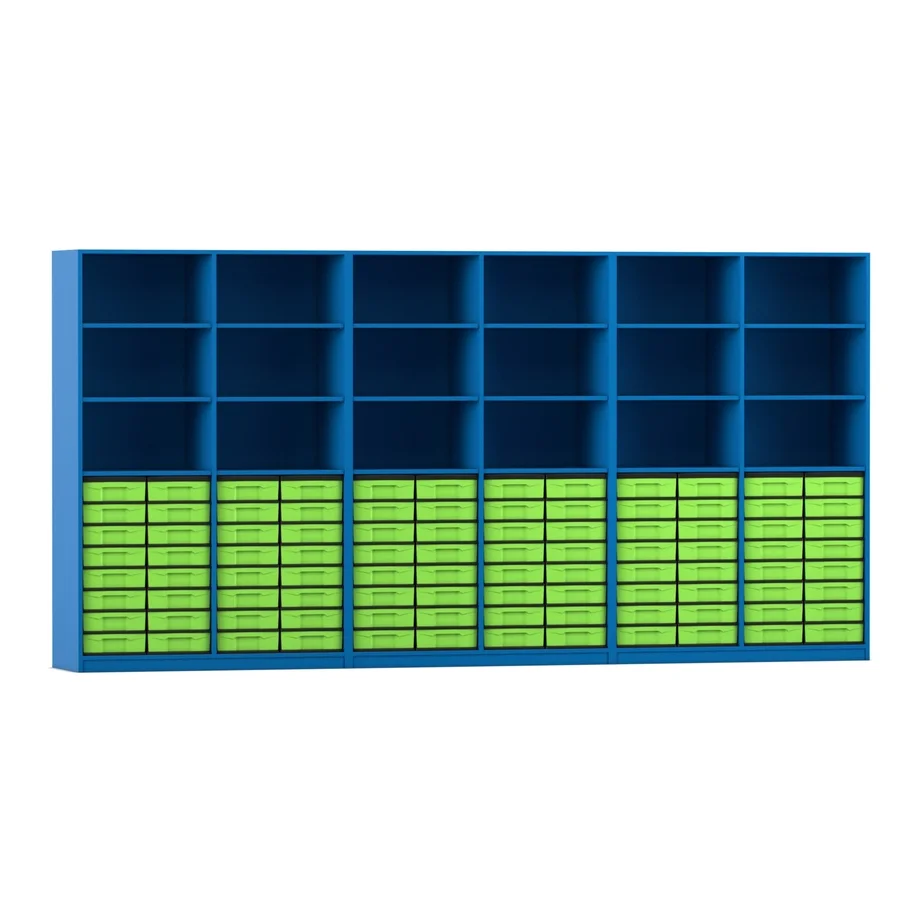 Wandregal, blaues Regal, grüne Schubladen, Aufbewahrungseinheit, modulares Organizer