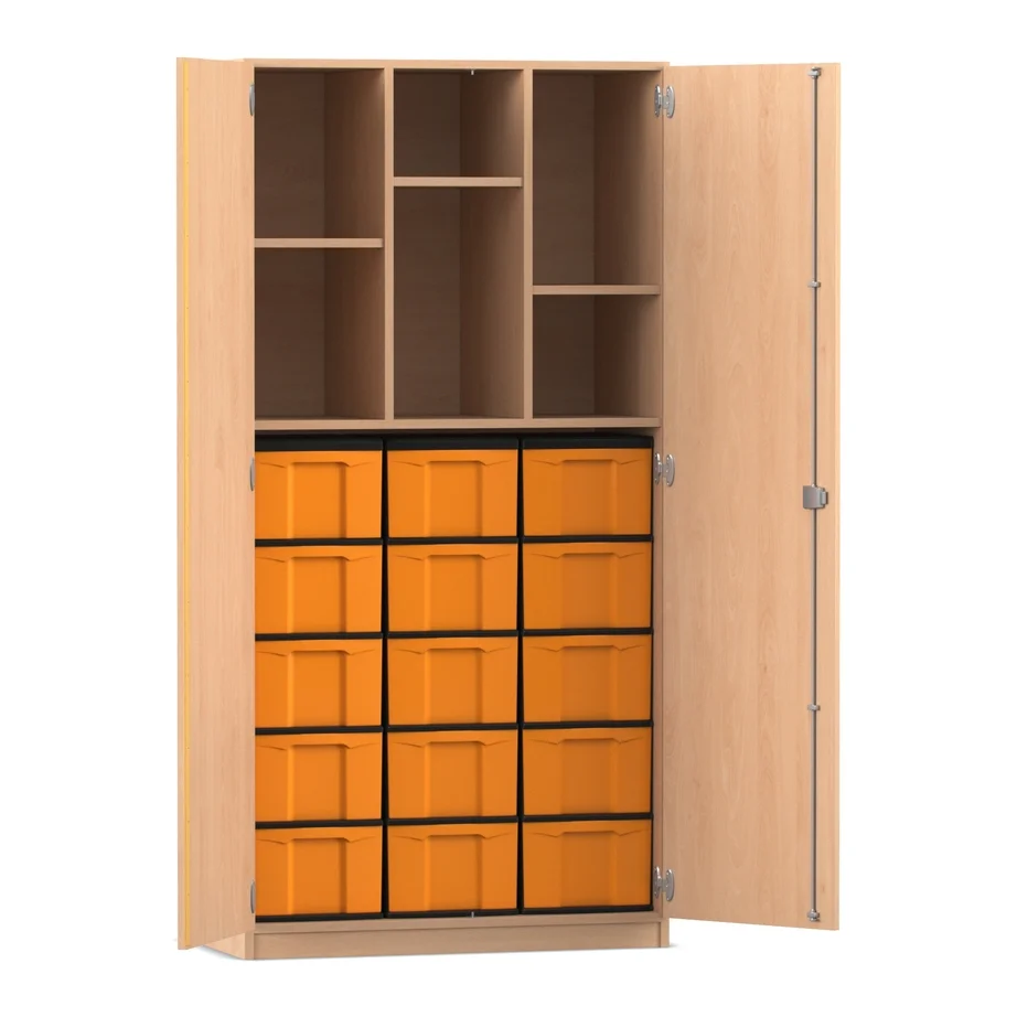 Materialschrank, 4 Böden und 15 hohe Boxen, Buche hell