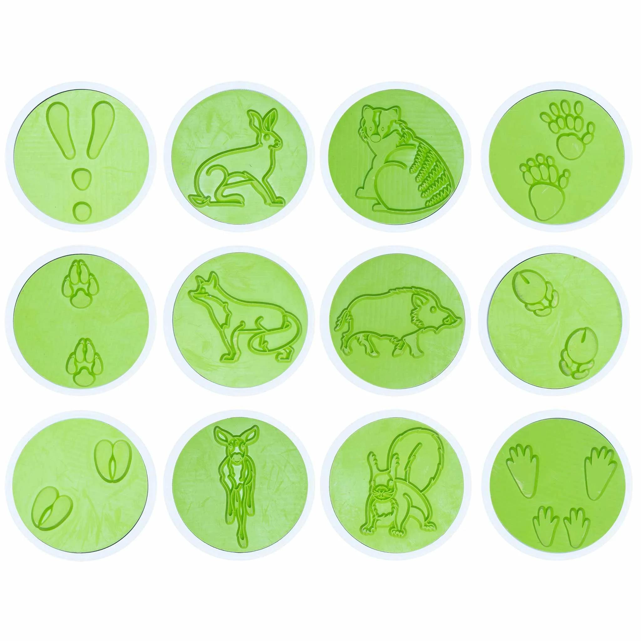 frisbee, coaster, puzzles, tiered tokens, animal silhouettes