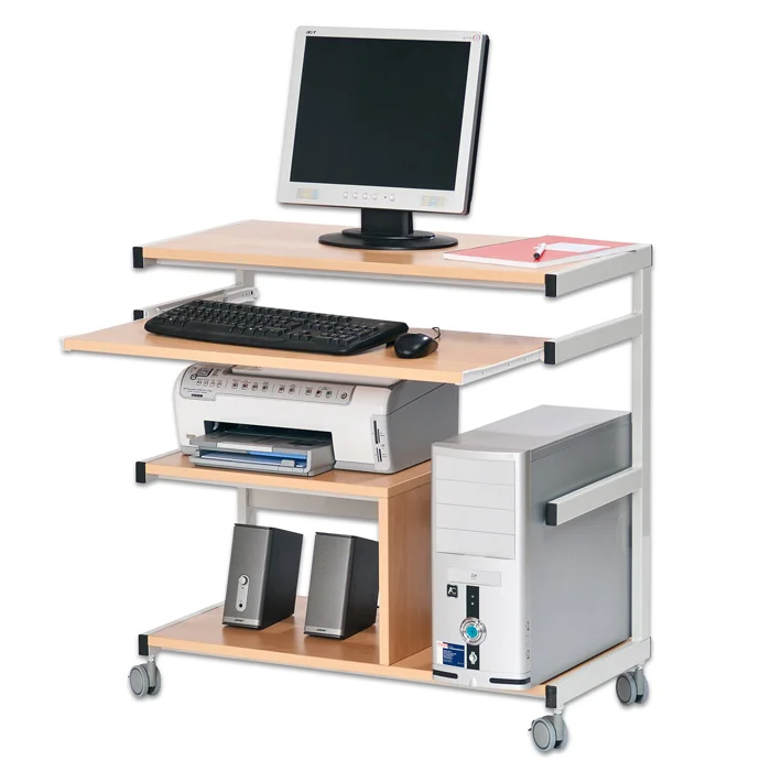 computer desk, computer setup, desktop tower, printer, peripherals