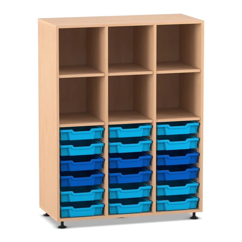Aufbewahrungsschrank, Korbregal, Kunststoffbehälter, blaue Behälter, Holzregal