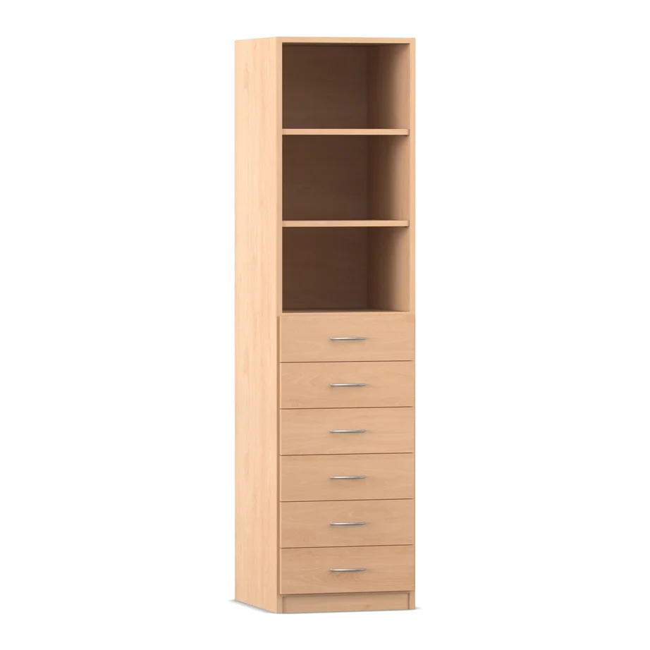 Regal, 190 x 48,1, mit 6 Holzschubladen und 2 Böden, Buche hell