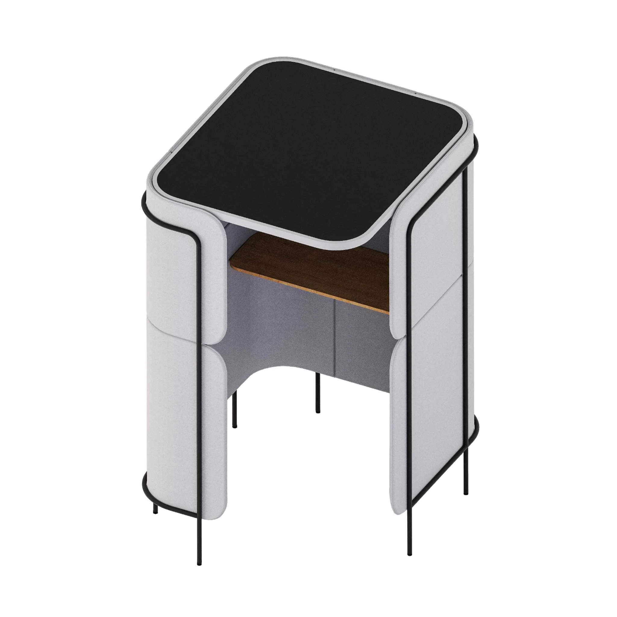 Schreibtisch, kompakter Schreibtisch, schwarze Arbeitsplatte, weiße Paneele, Metallbeine