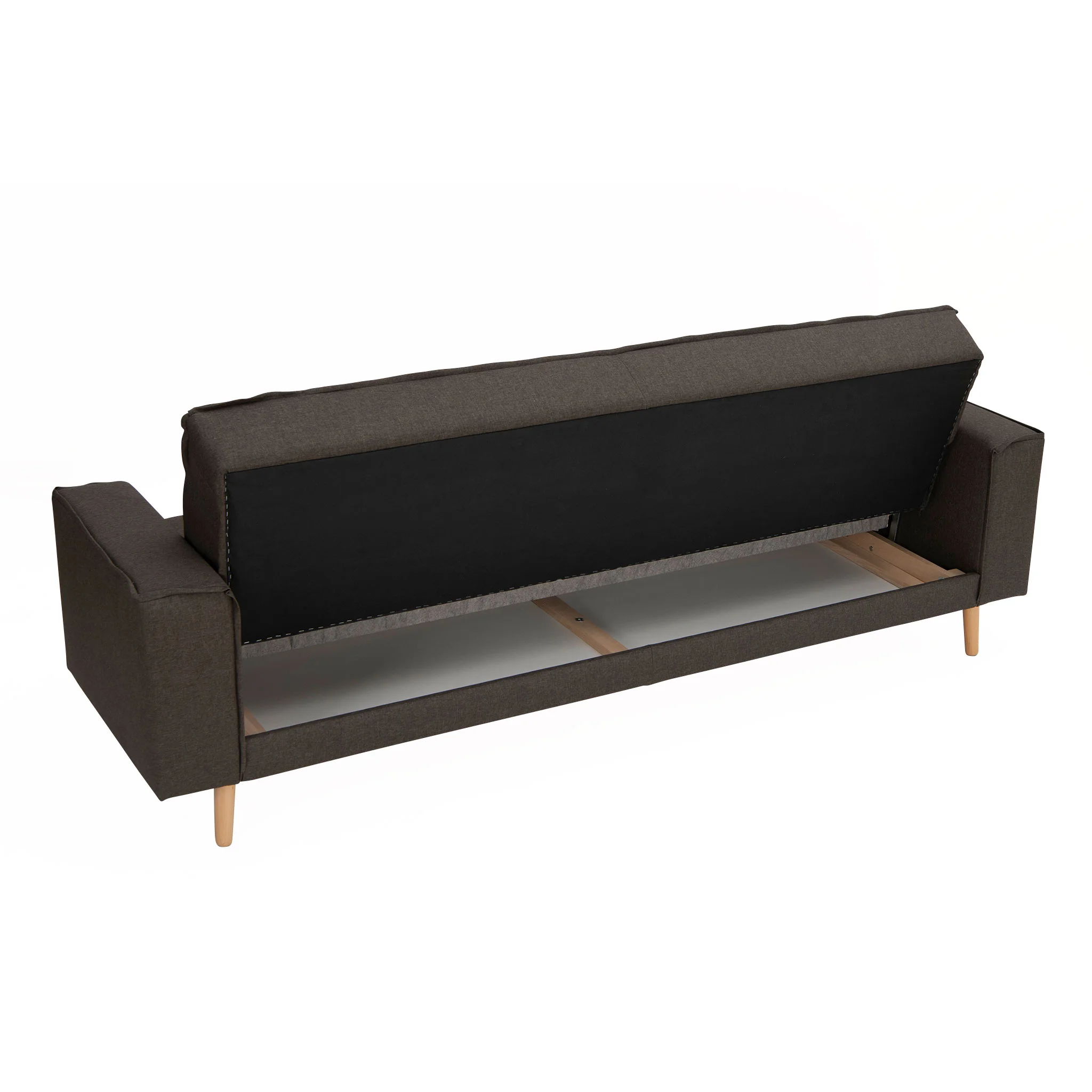 Sofa, Sofa mit Bettfunktion, Holzbeine, brauner Stoff, Klappsitzbank