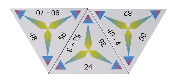 triangular pieces, puzzle tiles, colorful triangles, geometric design, numbers printed