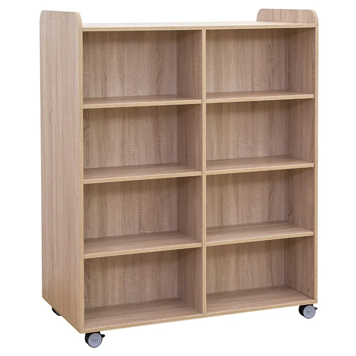 Flexeo® Bücherwagen breit, mit Mittelwand, 6 gerade Fachböden je Regalseite, Buche hell