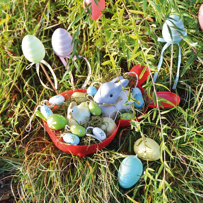 ostereier, ostern, korb, kugeln, hase
