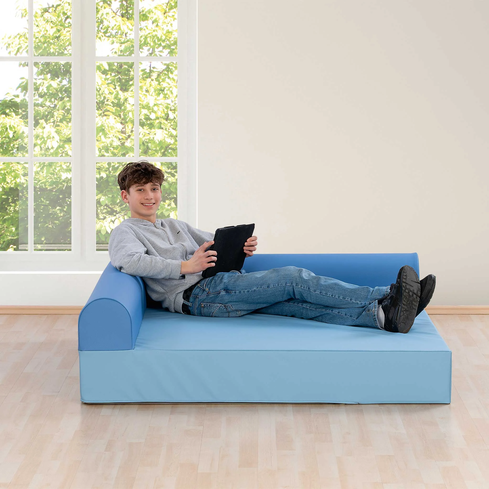 Sofa, Kindersofa, Sitzbank, Grau-Blau, Tablet-Halterung