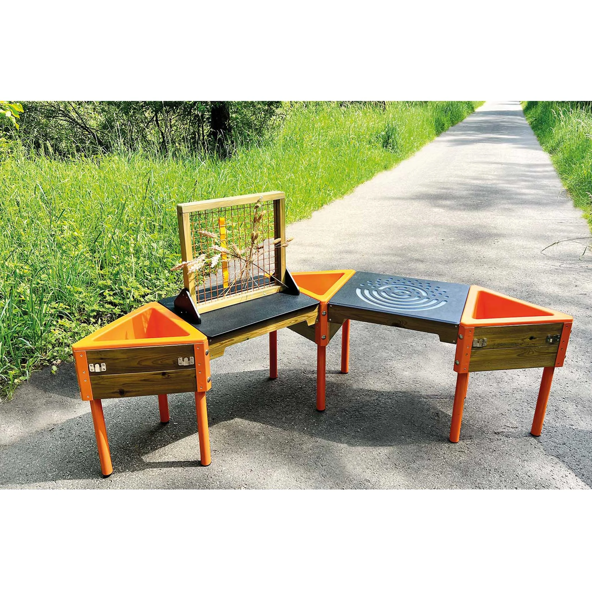 outdoor playset, sand pit, folding table, wooden frame, orange legs