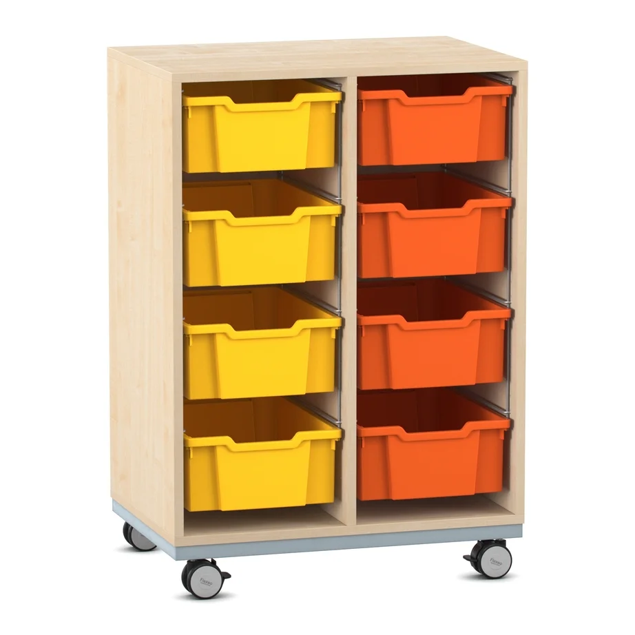 Lagerschrank, mobiler Wagen, gelbe und orange Behälter, Holzrahmen, Rollen