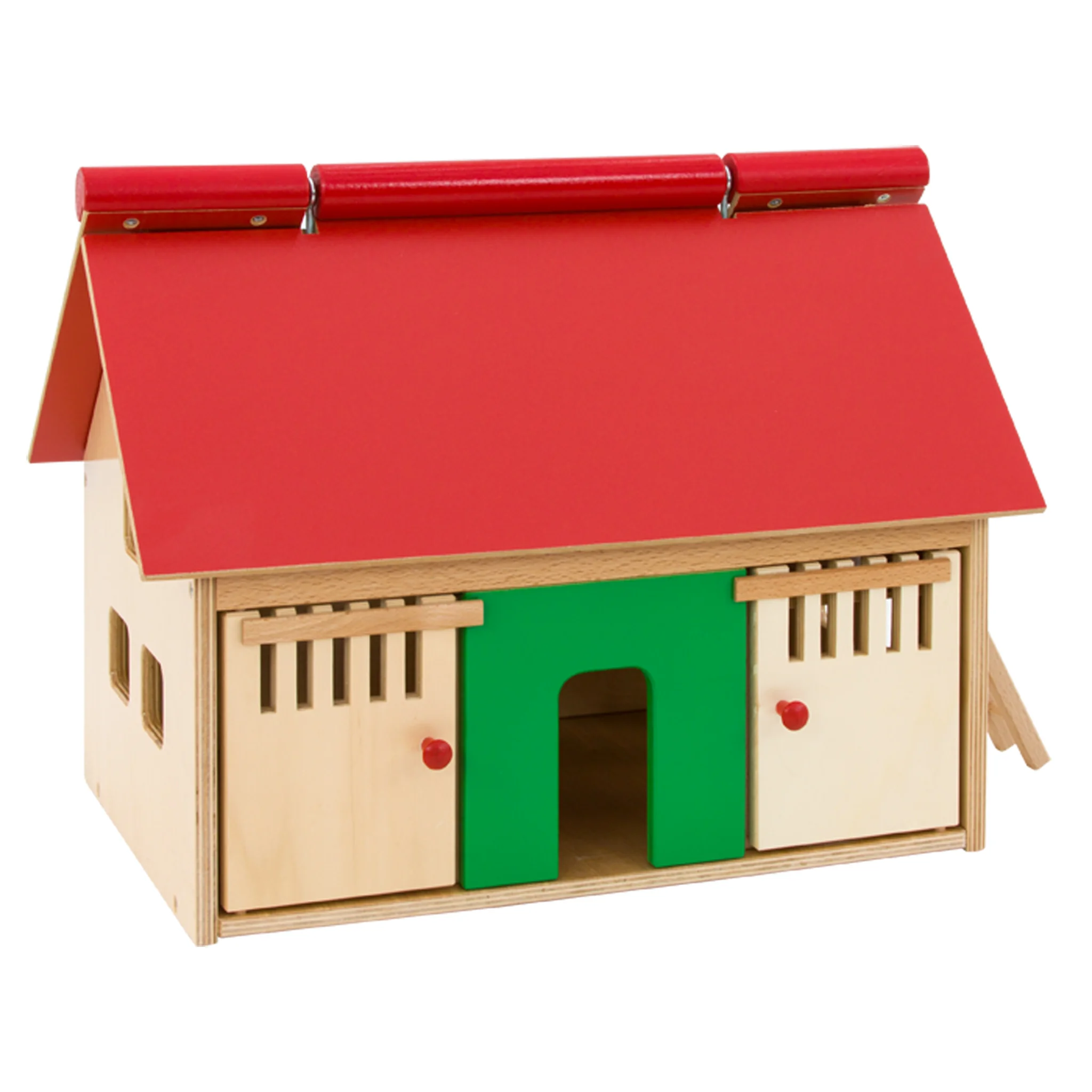 Holzhaus, Spielhaus, Holzspielzeug, Rotes Dach, Grüne Tür