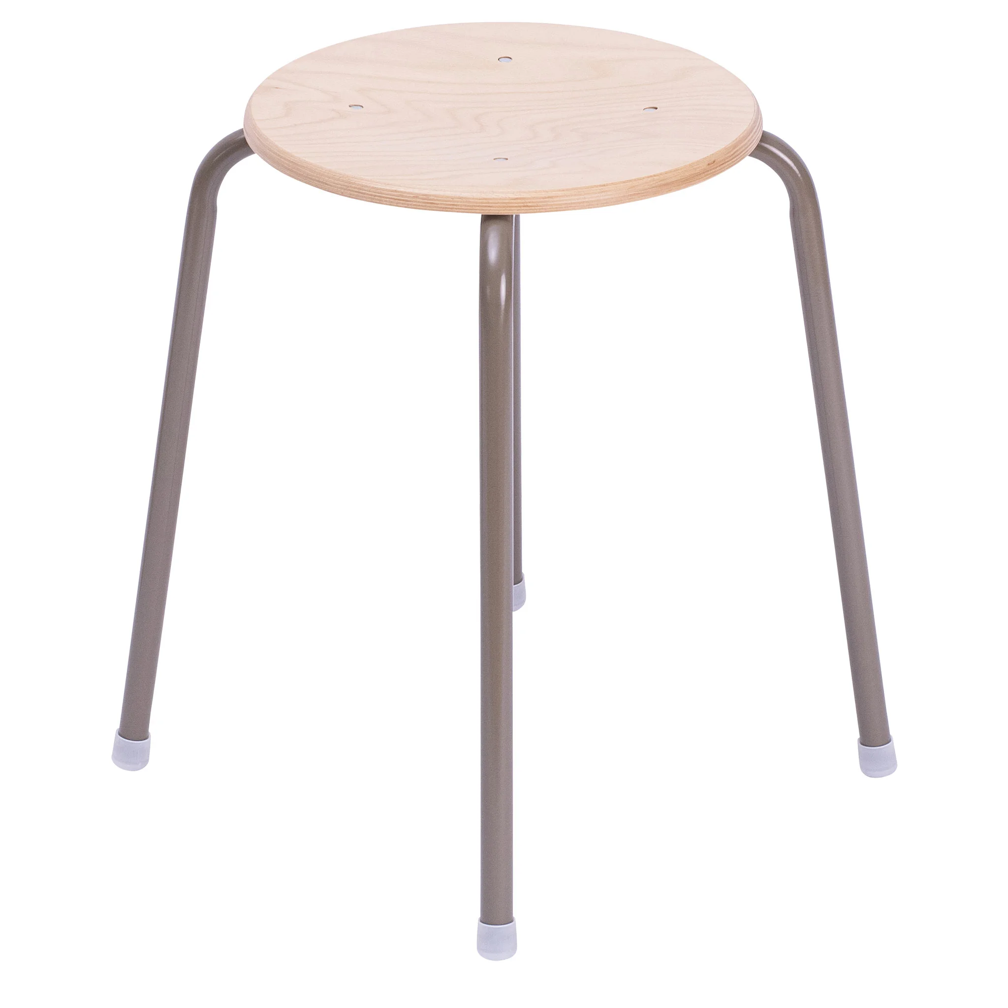 Holzstuhl, Hocker, Rundholzplatte, Metallbeine, Beige/Grau