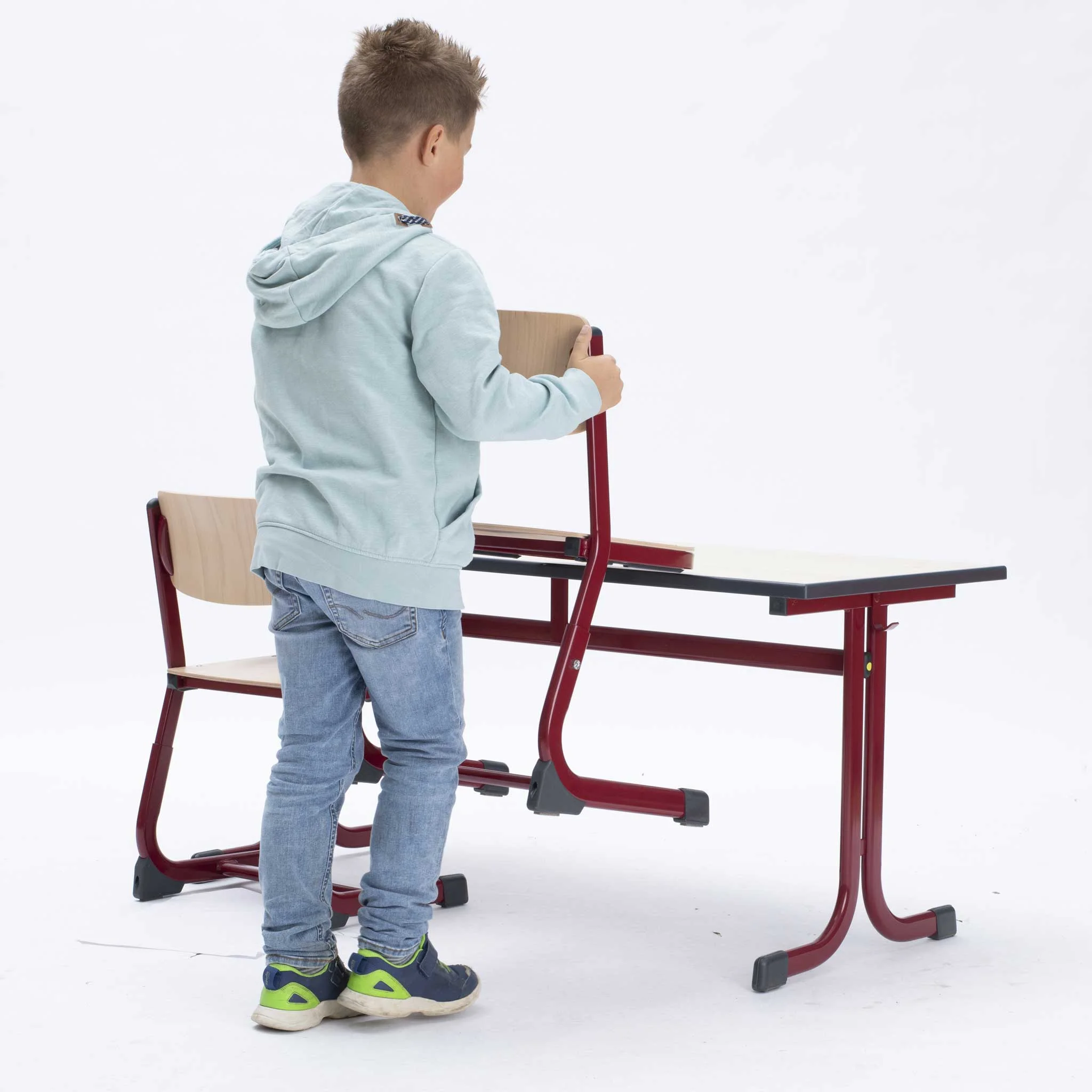 Schulbank, Schreibtischbank, Schultisch, Holzplatte, Metallgestell