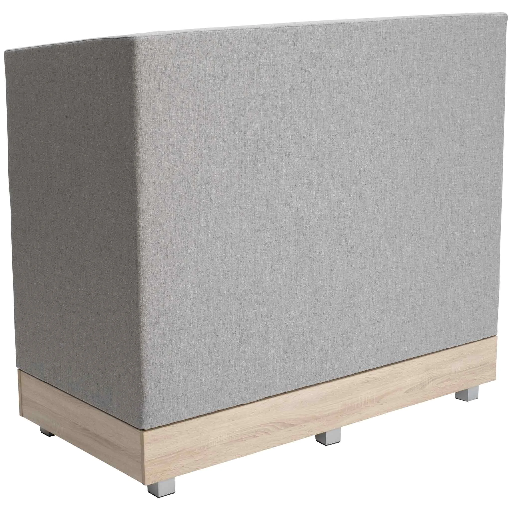 Sofa Rückseite, Polsterwand, Beige Stoff, Holz Sockel, Grau Bezugsstoff