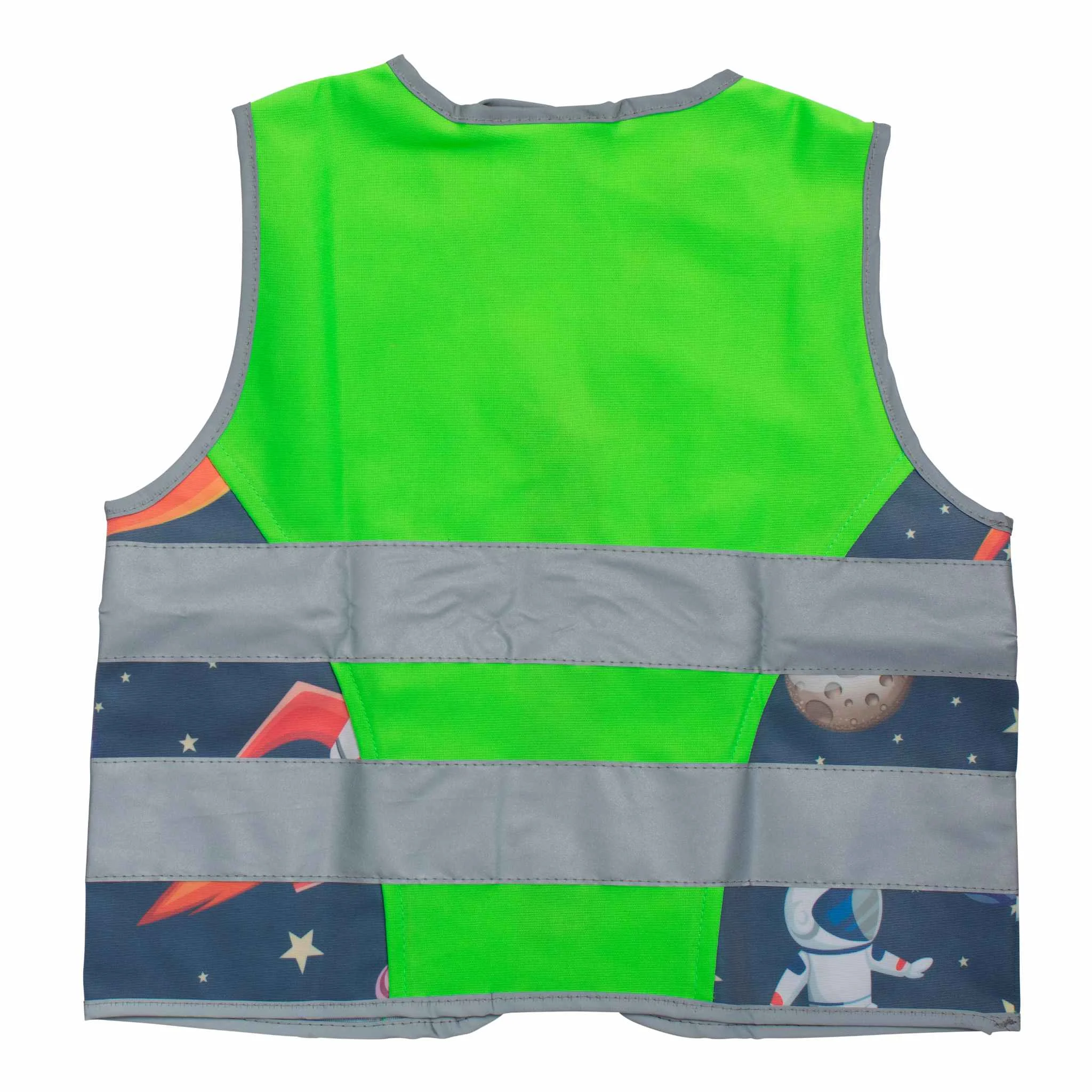 Kinderwarnweste, Neongrün, Reflektorstreifen, Weltraummuster, Ärmellos