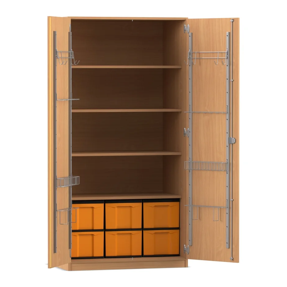 Schrank, Hängefacher, Schubladen, orange Boxen, Holzfinish