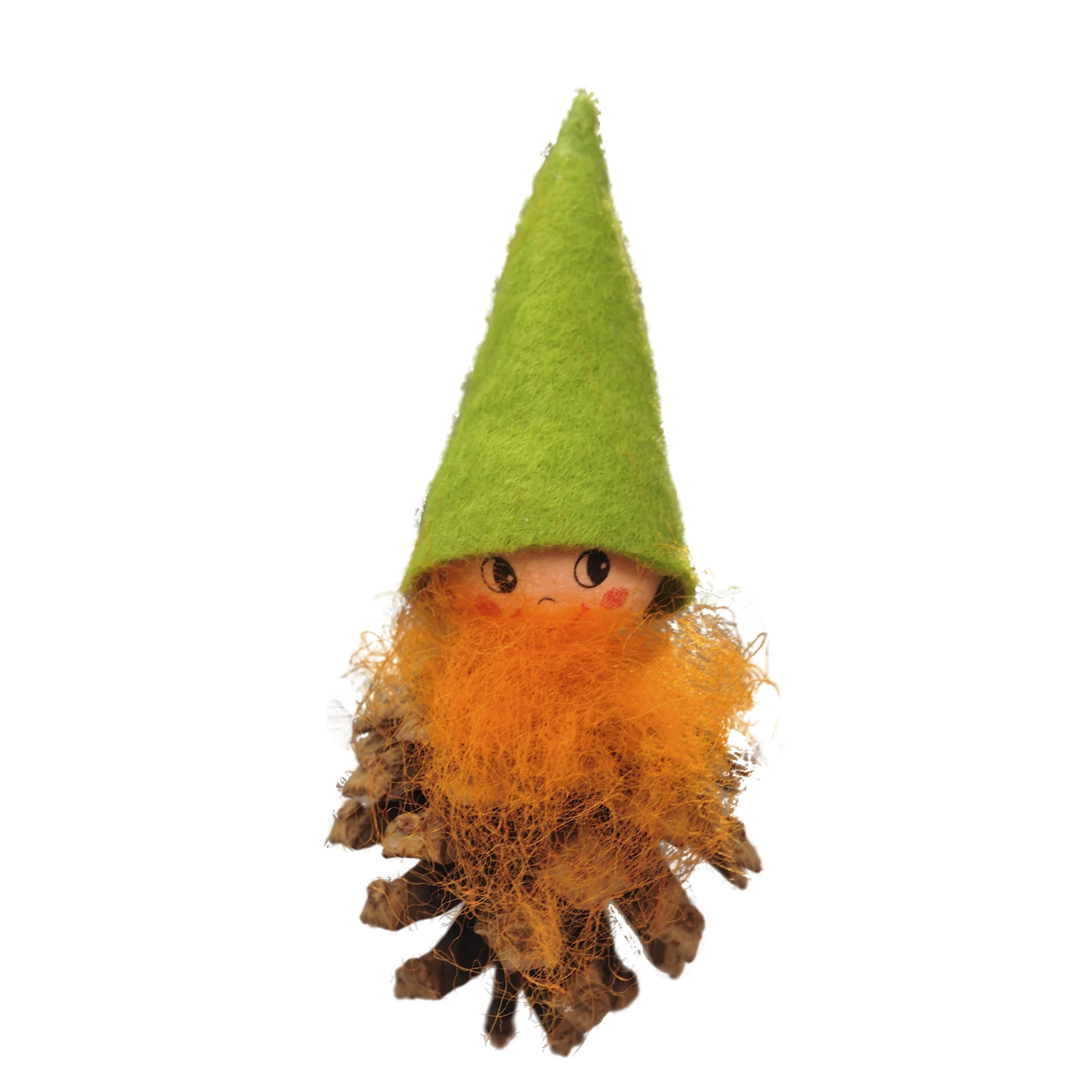 Deko_Gnom, Graupen-Gnom, Kiefernzapfen, Grün_Hut, Orange Bart