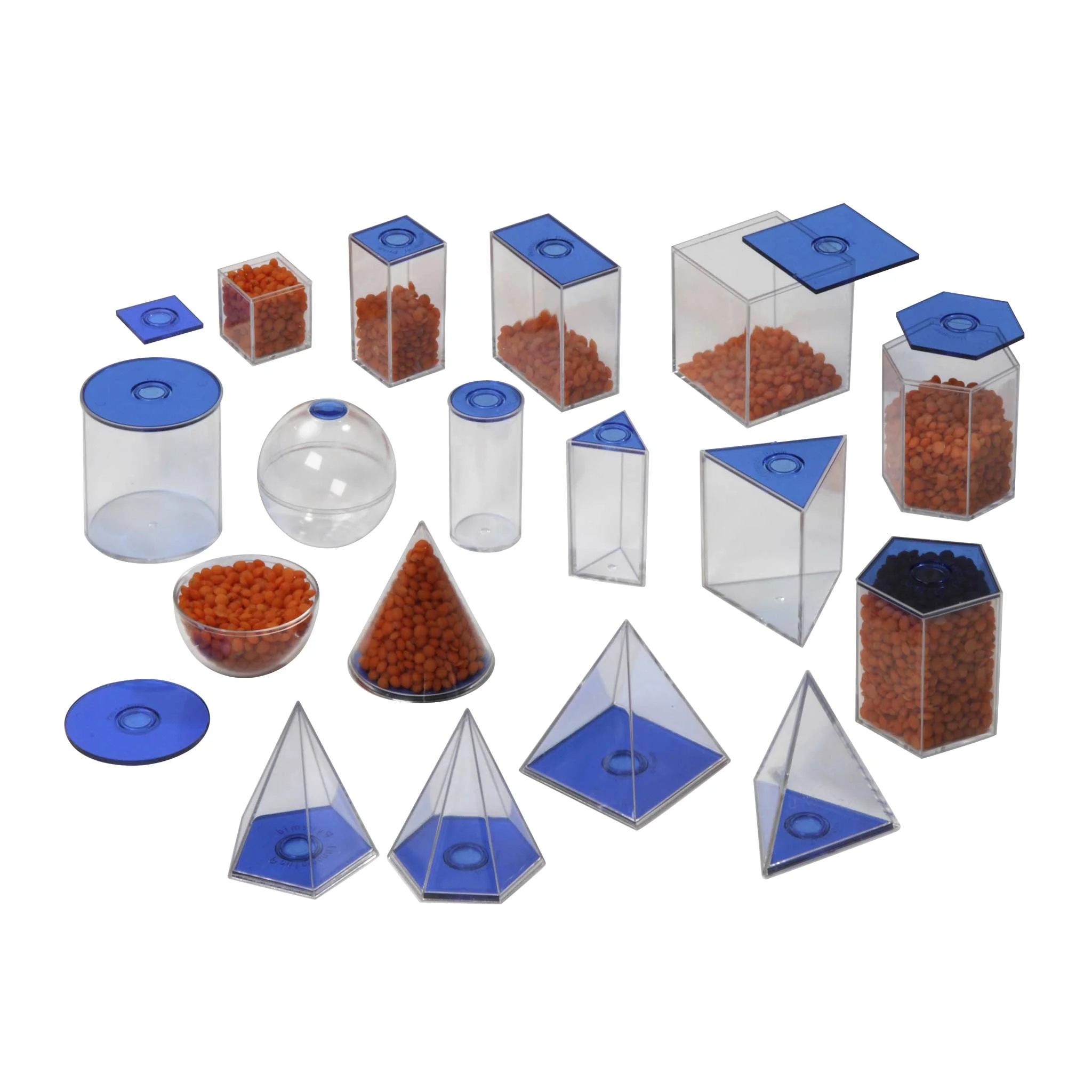 transparente Behälter, blaue Deckel, Aufbewahrungsbehälter, Plastikformen, orangefarbene Perlen