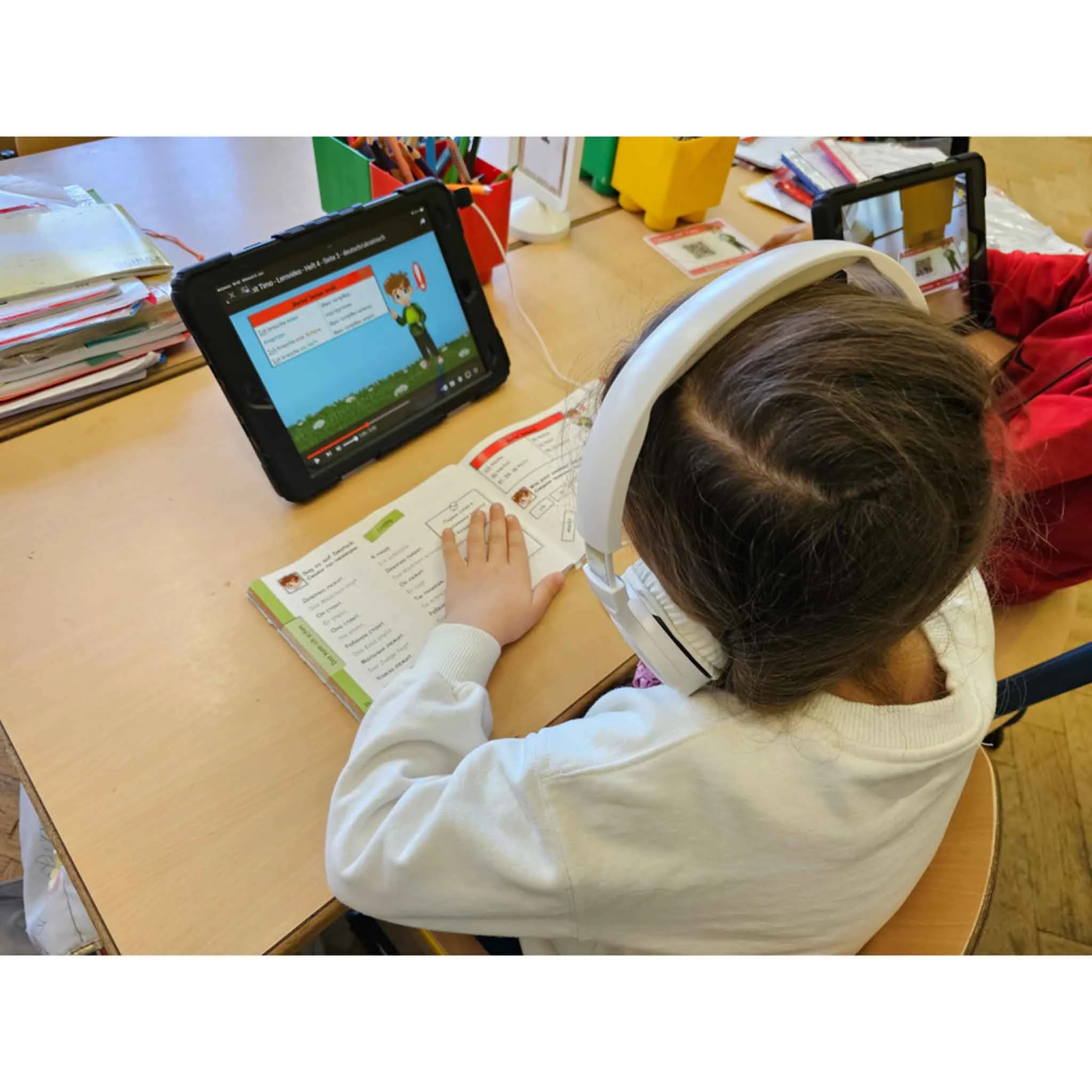 tablet, kopfhörer, kind, lernen, bildung