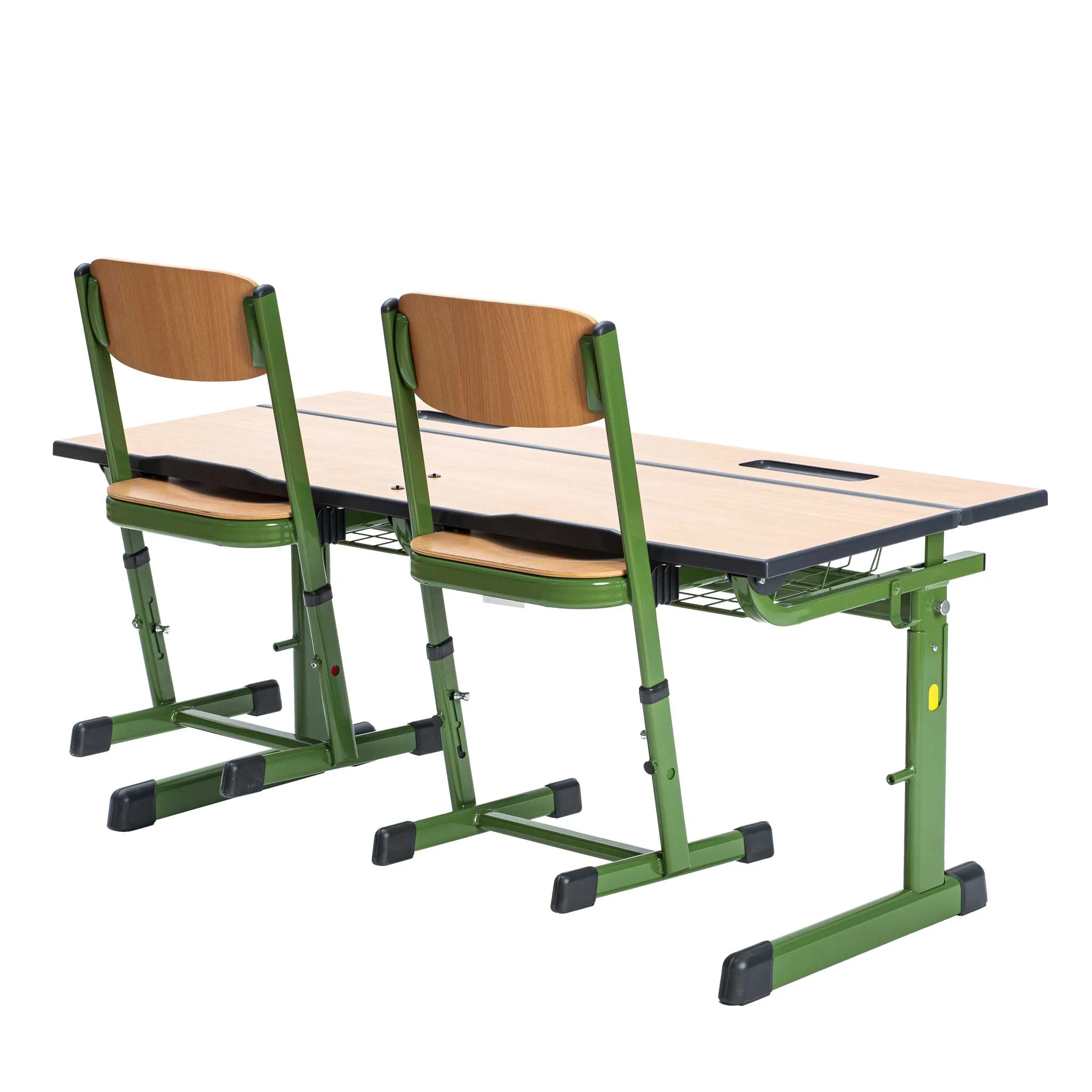 Klassenzimmerstuhl, Schreibtischstuhl, Schulmöbel, Holzsitze, Grünes Metallgestell