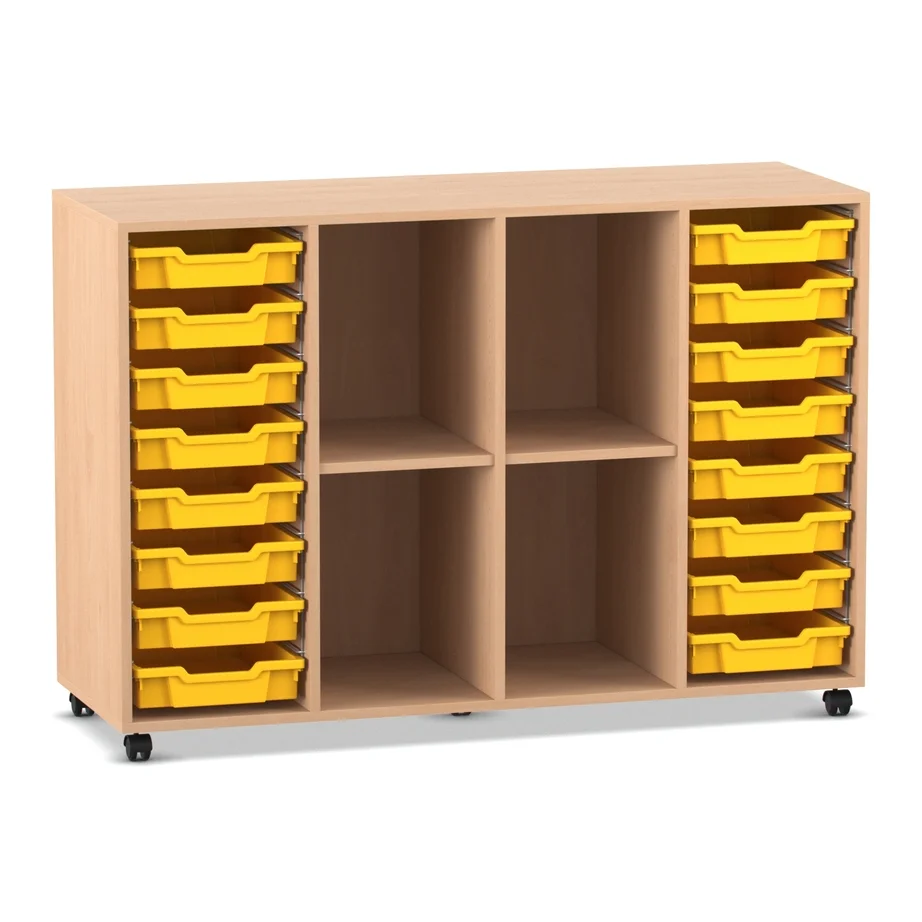 Klassenzimmerregal, 99,1 x 143,9 x 48, mit 16 Gratnells-Boxen und 2 Böden, Buche hell