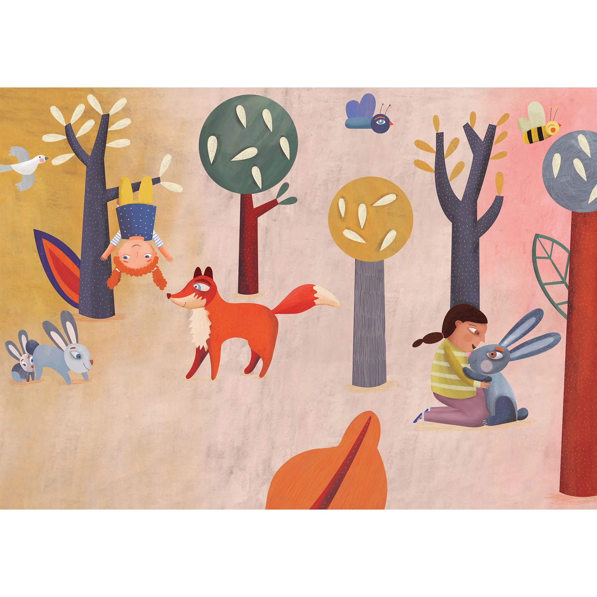 Kinder Illustration, Waldszene, Fuchs, Hase, Kind/Kindergarten Kinderszene