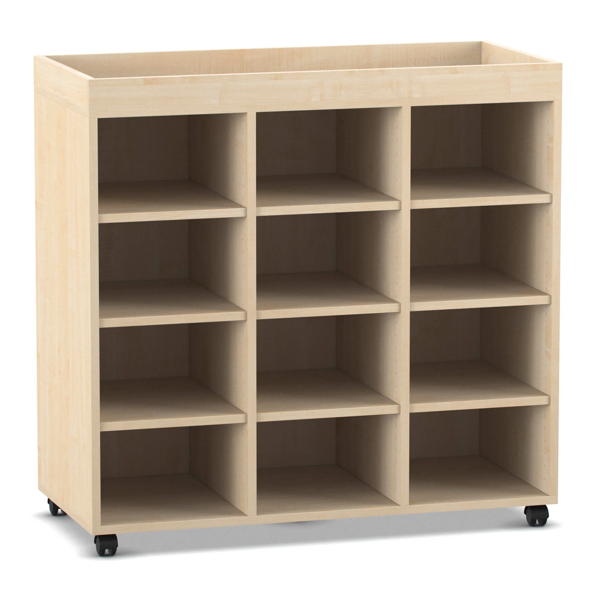 regal, regal mit rollen, holz, aufbewahrung, 3x3 fächer