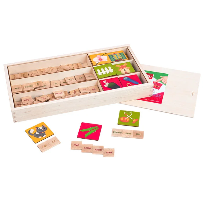 Holzbox, Holzspielzeug, Wörterspiel, Buchstaben, Puzzle