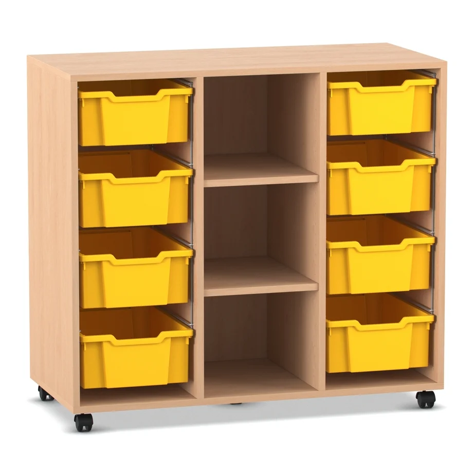 Klassenzimmerregal, 99,1 x 108,5 x 48, mit 8 Gratnells-Boxen und 2 Böden, Buche hell