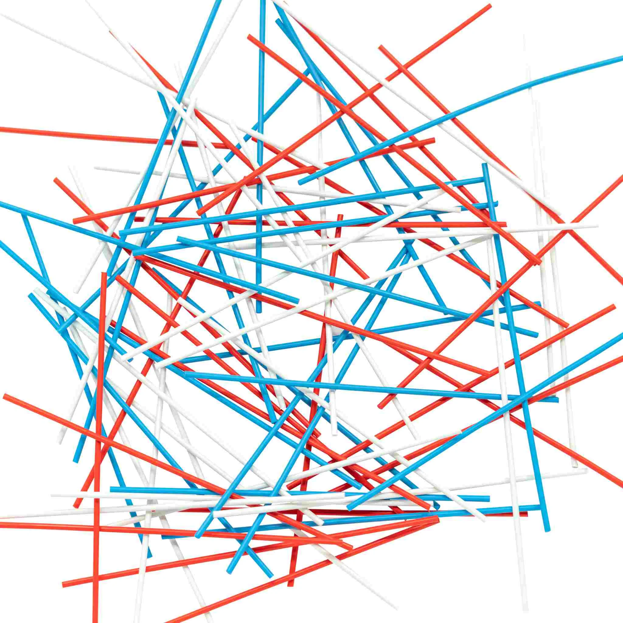 Kunststoffstäbe,  rote Stäbe,  blaue Stäbe,  weiße Stäbe,  unordentliche Anordnung