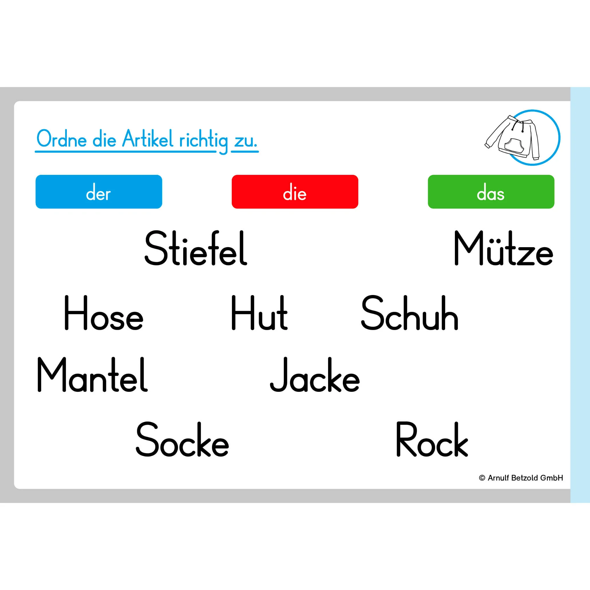 Lernkarte, deutsche Artikel, Kleidungswörter, Zuordnungsübung