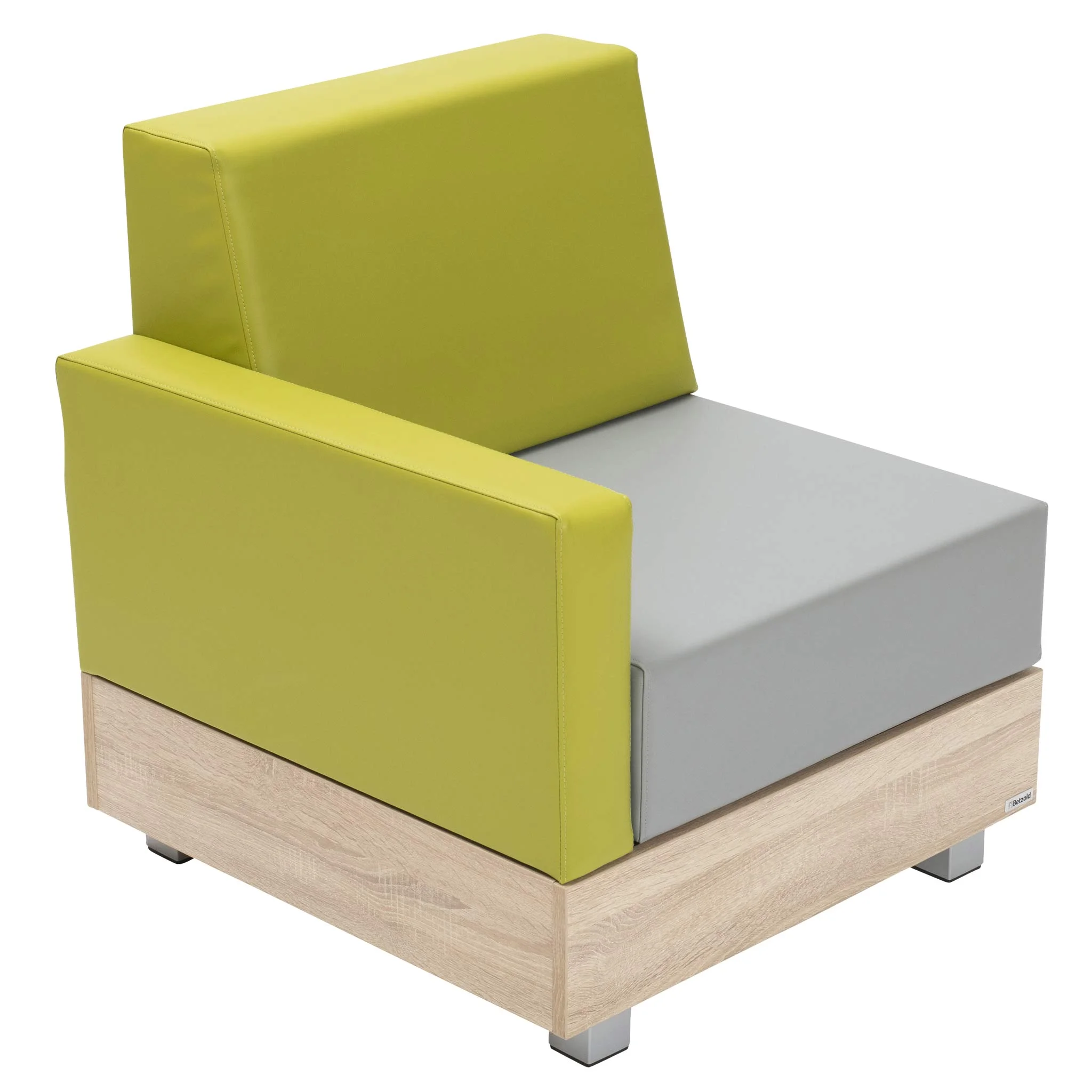 Sessel, Modularer Sessel, grüne Polsterung, Holzbasis, graue Sitzfläche