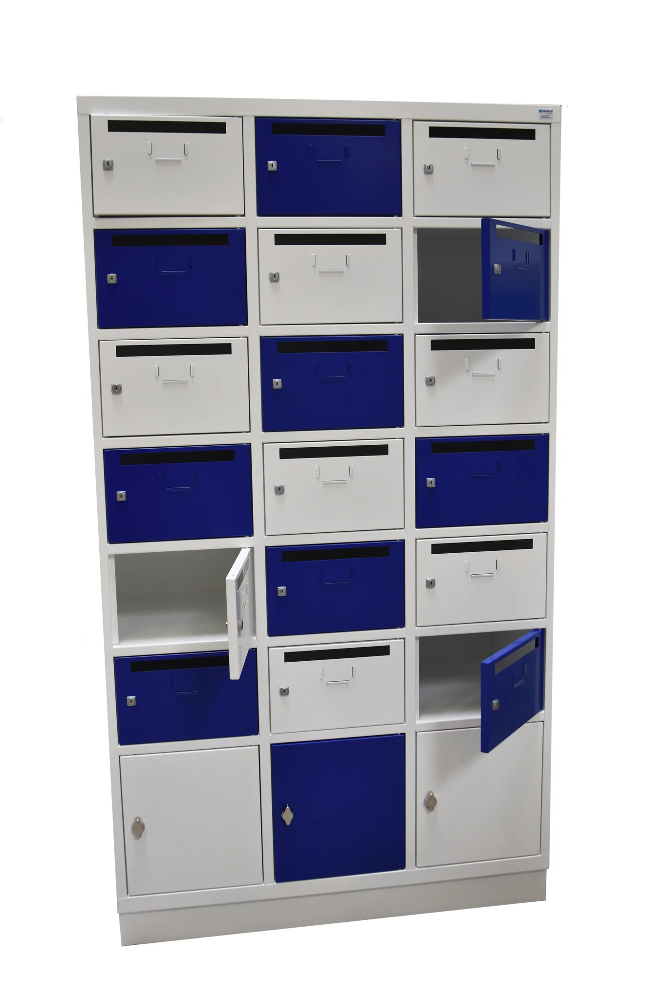 Postfachschrank, Schubladenbox, Aufbewahrungsschrank, Metallkorpus, blau-weiß
