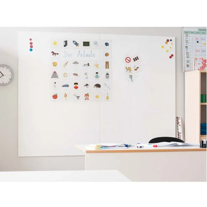 whiteboard, classroom, stickers, desk, clock