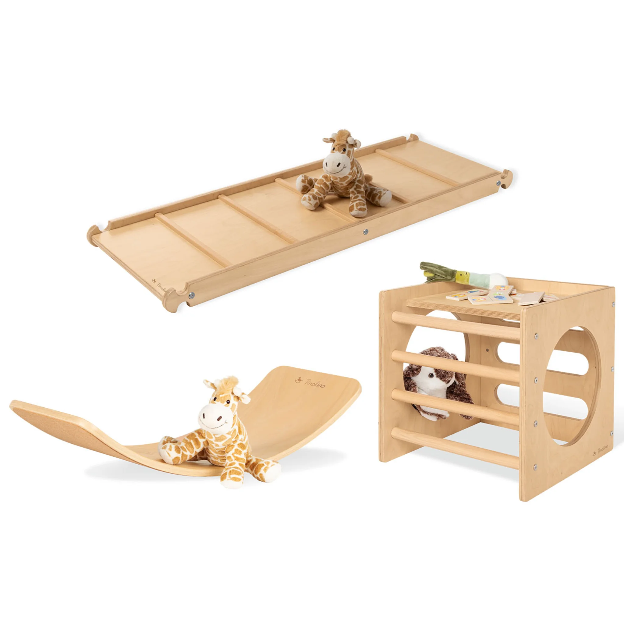 Holzspielzeug, Klettergerüst, Giraffe-Plushie, Schaukelbrett, Santoline-Kinderset