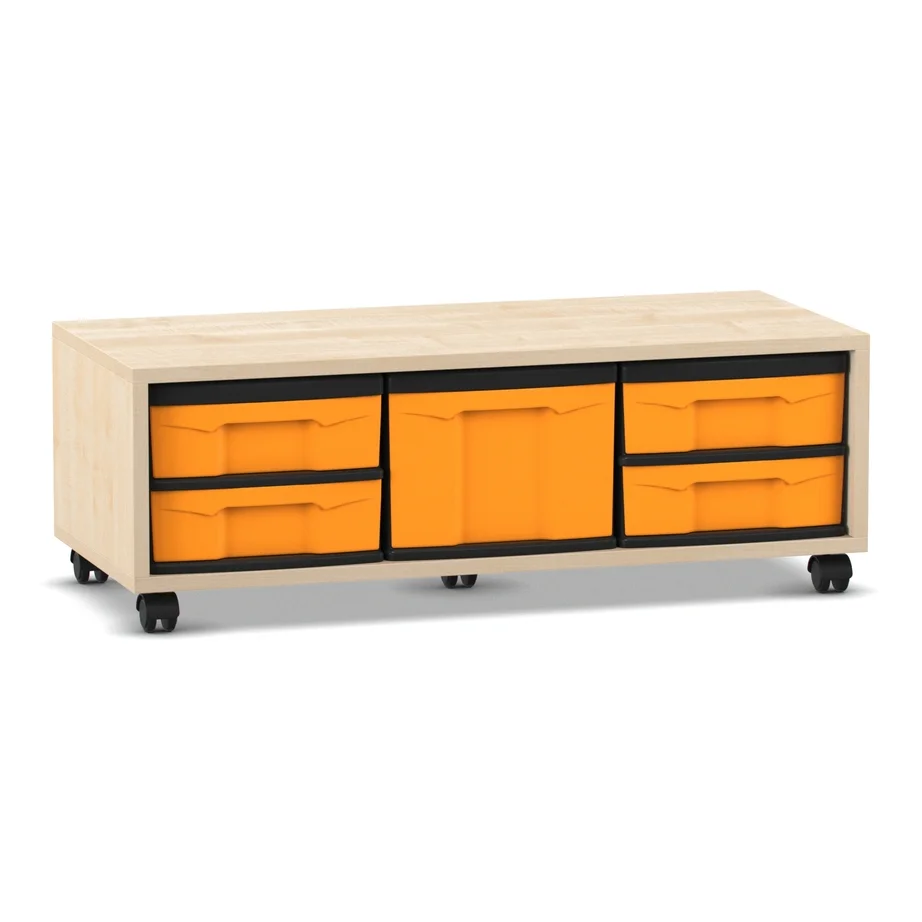 sideboard, Aufbewahrung, orangefarbene Einsätze, Holzrahmen, rollbare Rollen