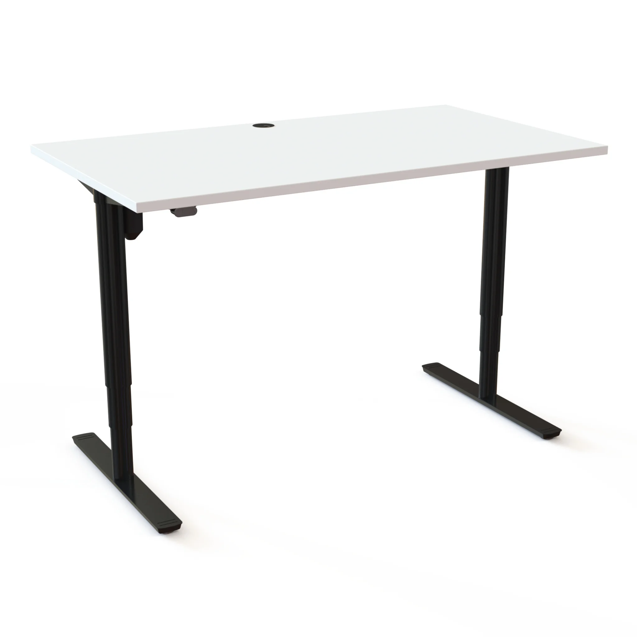 Schreibtisch, höhenverstellbar, weiße Tischplatte, Metallbeine, Kabeldurchlass
