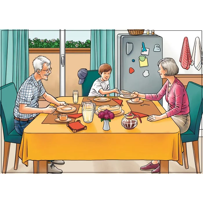 Esstisch, Familienessen, Küchentisch, Stühle, Geschirr