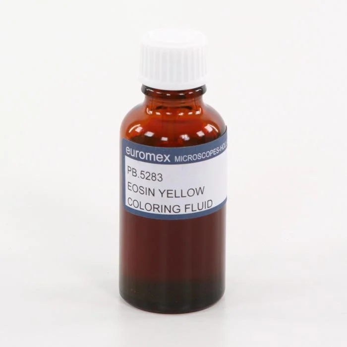 Eosin Yellow, Farbflüssigkeit, Mikroskopie, Fläschchen aus braunem Glas, Braune Flüssigkeit